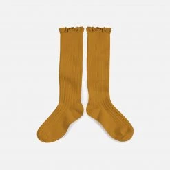Collegien Babies & Kids Cotton Knee Socks With Lace - Mustard Cotton & Linen