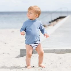 Petit Crabe Leo Swim Nappy - White/Blue Stripe Swimwear
