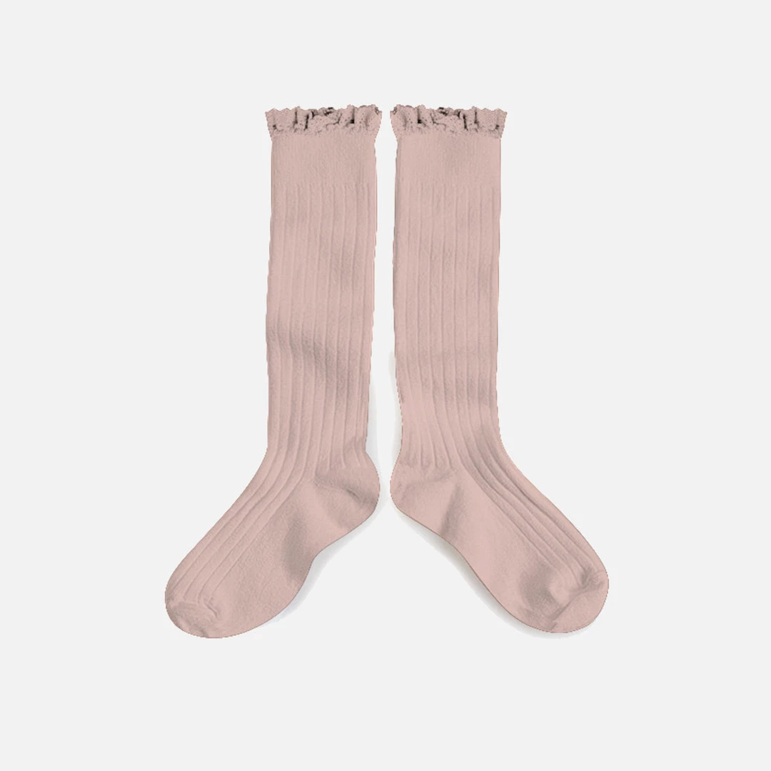 Collegien Babies & Kids Cotton Knee Socks With Lace - Old Rose Cotton & Linen 3 Collegien Babies & Kids Cotton Knee Socks With Lace - Old Rose Cotton & Linen