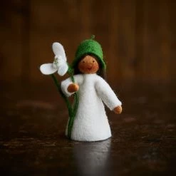 Fairies Toys Handmade Wool Fairy Holding Flower - Snowdrop - Brown