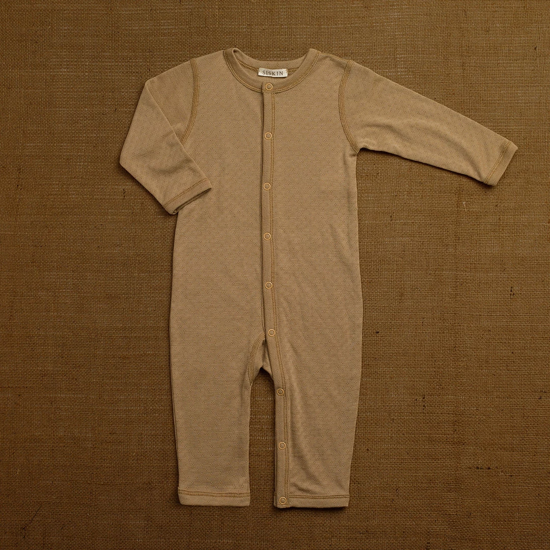 SISKIN Baby Wool Merino Wool/Silk Pointelle Pyjamas/ Romper - Caramel 3 SISKIN Baby Wool Merino Wool/Silk Pointelle Pyjamas/ Romper - Caramel
