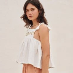 Liilu Women's Cotton Muslin Folk Top - Flamé/Milk