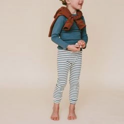 Mabo Cotton & Linen Organic Cotton Leggings - Natural/Azure Stripe