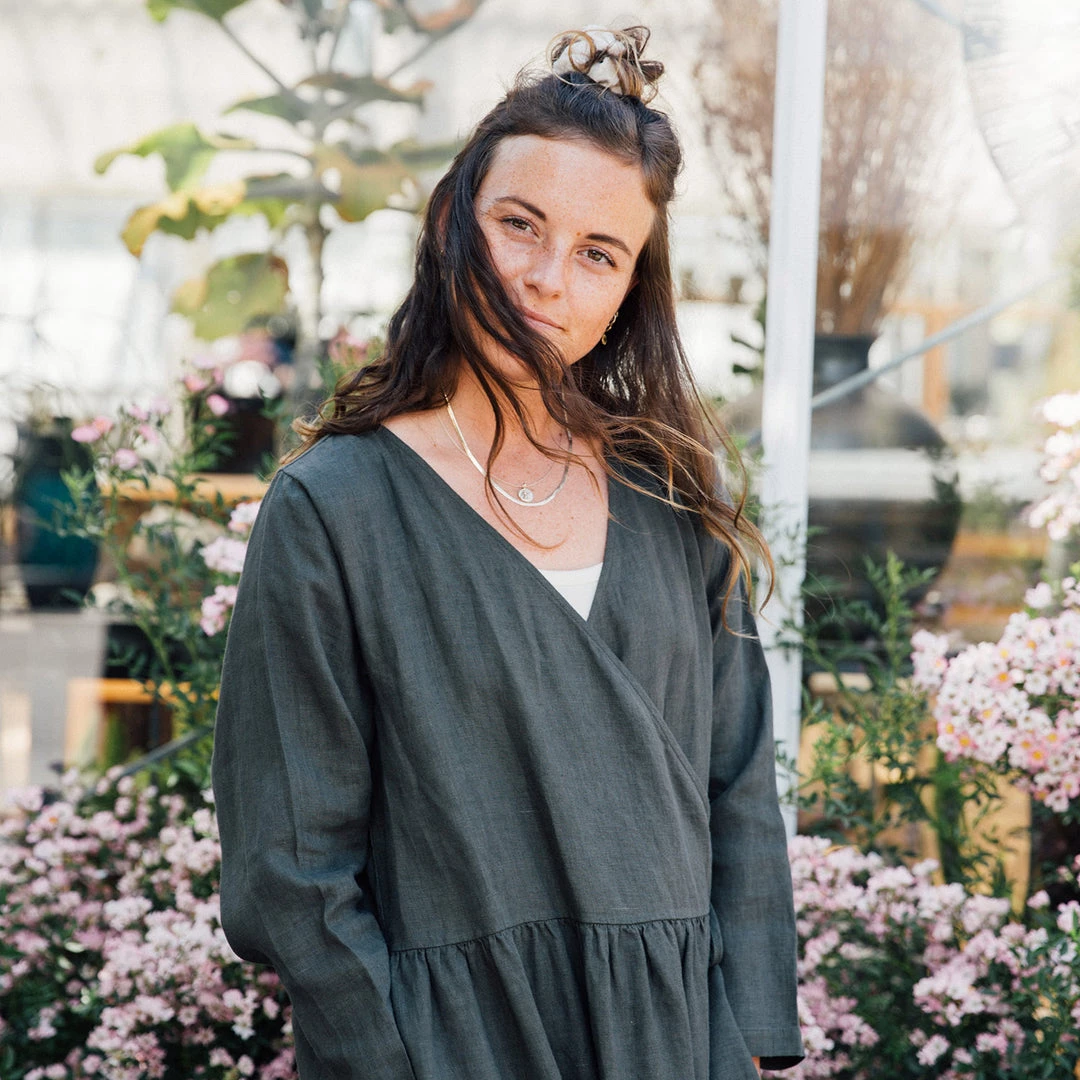 Matona Women's Linen Tilla Wrap Dress - Pine SALE 6 Matona Women's Linen Tilla Wrap Dress - Pine SALE