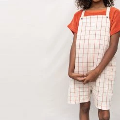 Monkind Organic Cotton/Linen Short Pocket Dungarees - Tomato Net