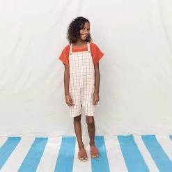 Monkind Organic Cotton/Linen Short Pocket Dungarees - Tomato Net
