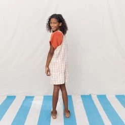 Monkind Organic Cotton/Linen Short Pocket Dungarees - Tomato Net