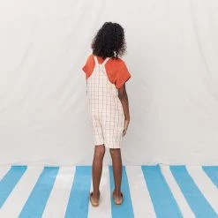 Monkind Organic Cotton/Linen Short Pocket Dungarees - Tomato Net