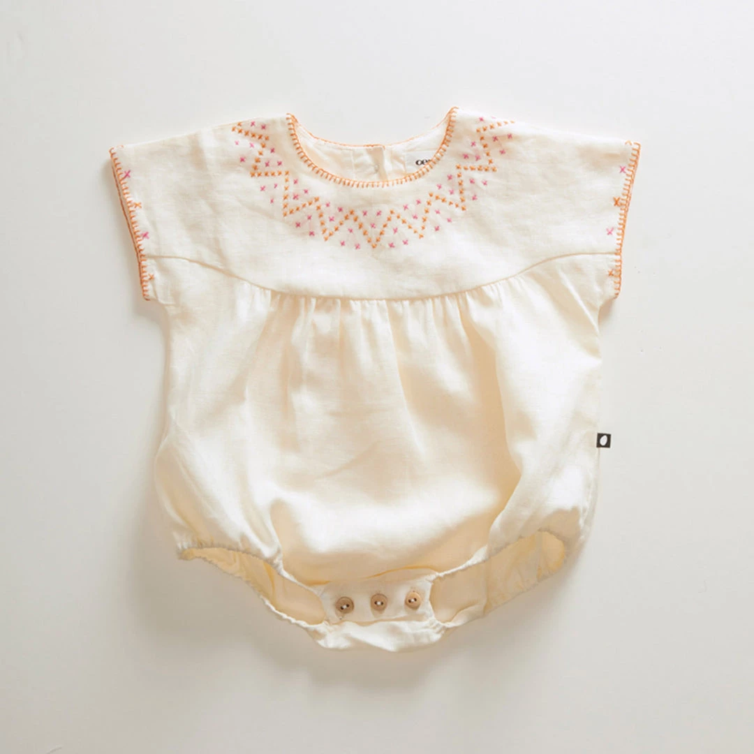 Oeuf SALE Linen Cross Stitch Romper - Fuschia 3 Oeuf SALE Linen Cross Stitch Romper - Fuschia