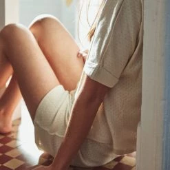 Poudre Organic SALE Women's Organic Cotton Pointelle Shorts - Almond Milk