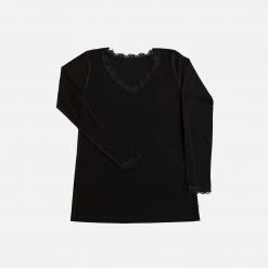 JOHA Women's Wool/Silk Rib LS Lace Top - Black Adults